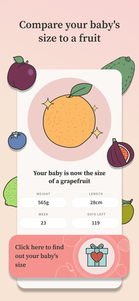 Pantalla de la aplicación Preglife comparando el tamaño del bebé con un pomelo en la semana 23 de embarazo