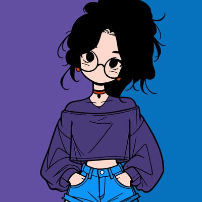 girl with a messy ponytail glasses a baggy crop top and jean shorts