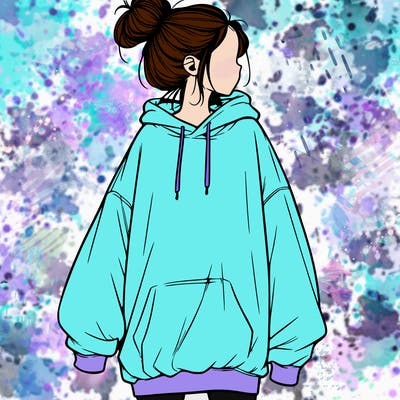 realistic girl with a oversized sweatshirt on and a bun