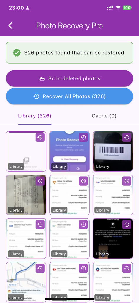 Photo Recovery - Restore - Interfaz de la aplicación móvil mostrando fotos borradas encontradas listas para ser restauradas