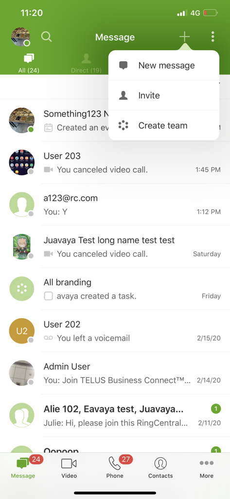 Interfaz de mensajería de la app móvil TELUS Business Connect mostrando el historial de chat y las opciones del menú de mensajes nuevos