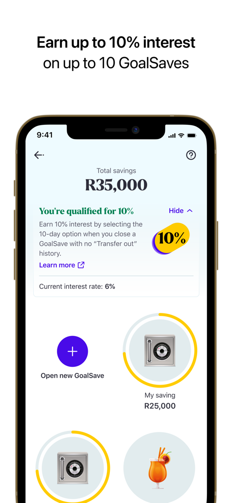 TymeBank-App-Oberfläche, die die GoalSave-Funktion für hochverzinsliche Ersparnisse zeigt