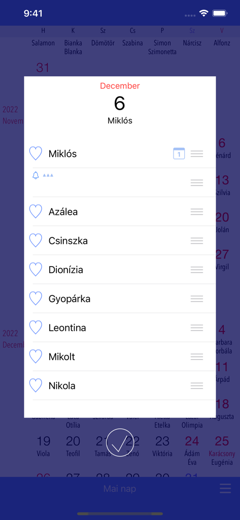 Névnaptár - Detailed view of Hungarian name days for December 6 in the Nevnaptar app.