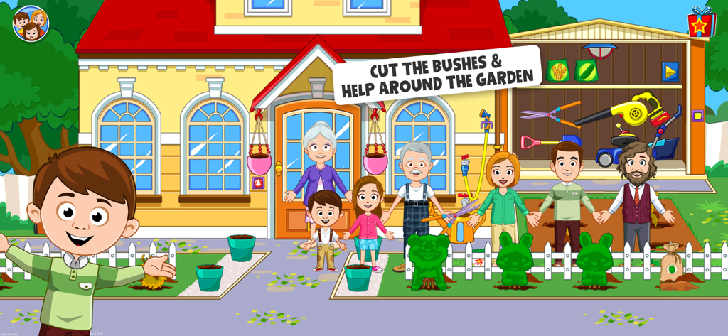 Family characters standing in a garden outside a house with gardening tools and bunny shaped bushes