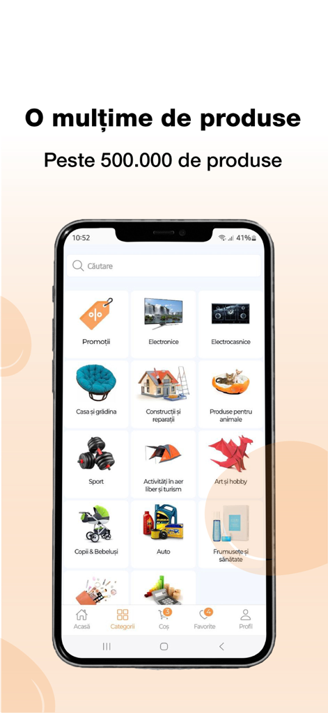 Pandashop.md - Pandashop Mobile App-Oberfläche mit verschiedenen Einkaufskategorien, darunter Elektronik und Haushaltswaren auf Rumänisch