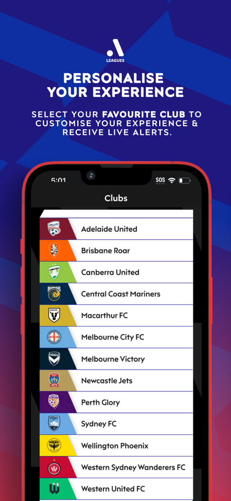 A-Leagues & Clubs Official App - Pantalla de selección de clubes de fútbol australianos para personalizar alertas y contenido del usuario en la aplicación oficial