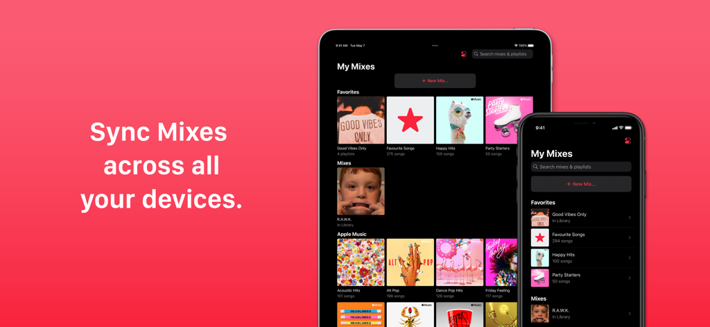 Miximum: Smart Playlist Maker - Miximum app interface on iPad and iPhone showing playlist synchronization across devices