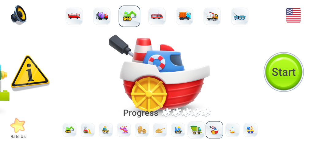 Pantalla del menú principal del juego Puzzles de Coches que muestra un barco de juguete e iconos de selección de vehículos para niños
