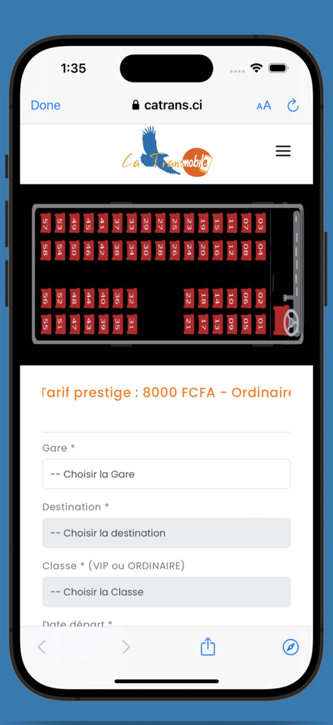 Catrans Mobile - Catrans Mobile interface showing a bus seat map and booking form for transport tickets
