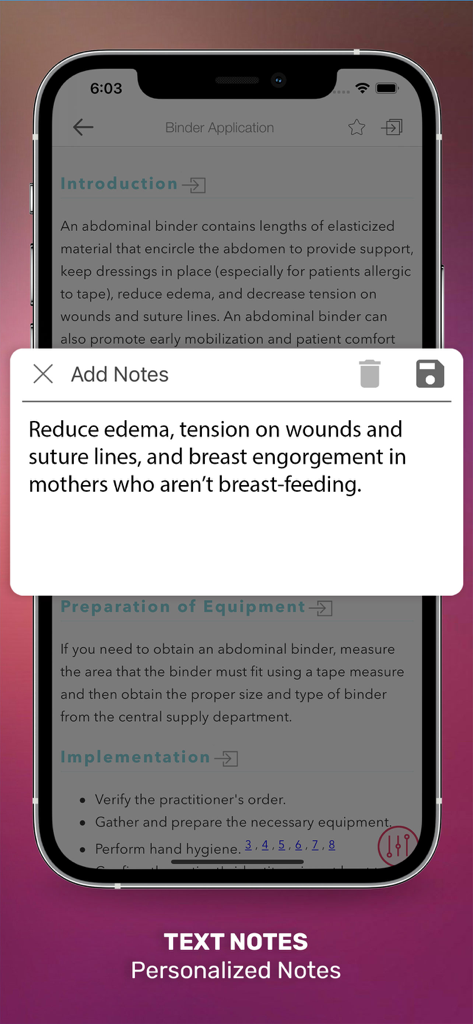 Personalized text notes feature in Lippincott Nursing Procedures app