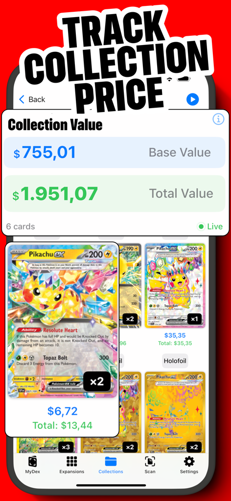 Tela do aplicativo MyDex mostrando um portfólio de coleção de cartas Pokémon com valor total de mercado e preços individuais das cartas.