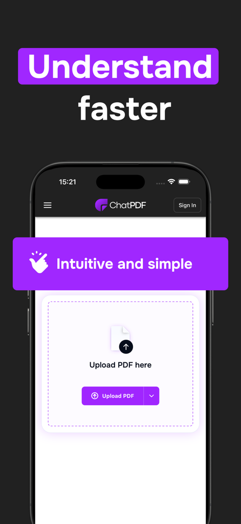 Interface de l'application mobile ChatPDF montrant l'écran de téléchargement de documents avec le slogan Comprendre plus rapidement
