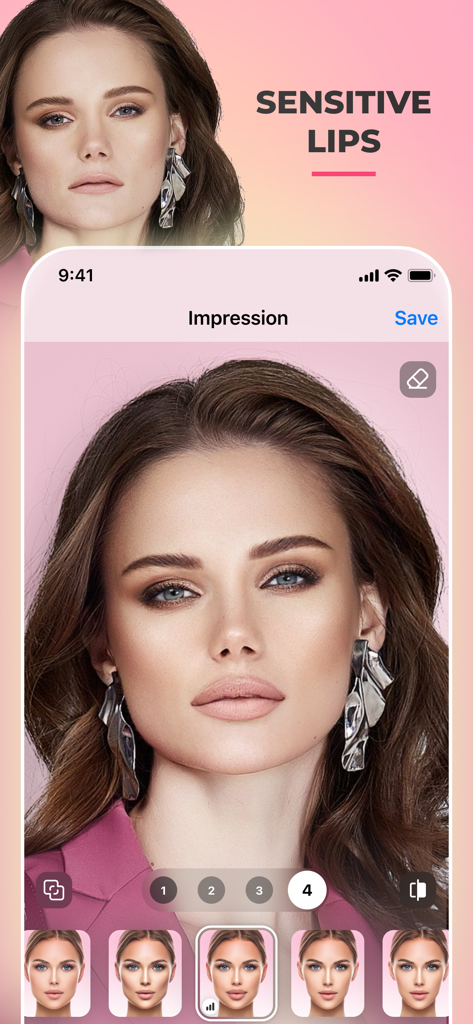 FaceApp mobile app interface showing a beauty impression filter applied to a woman portrait