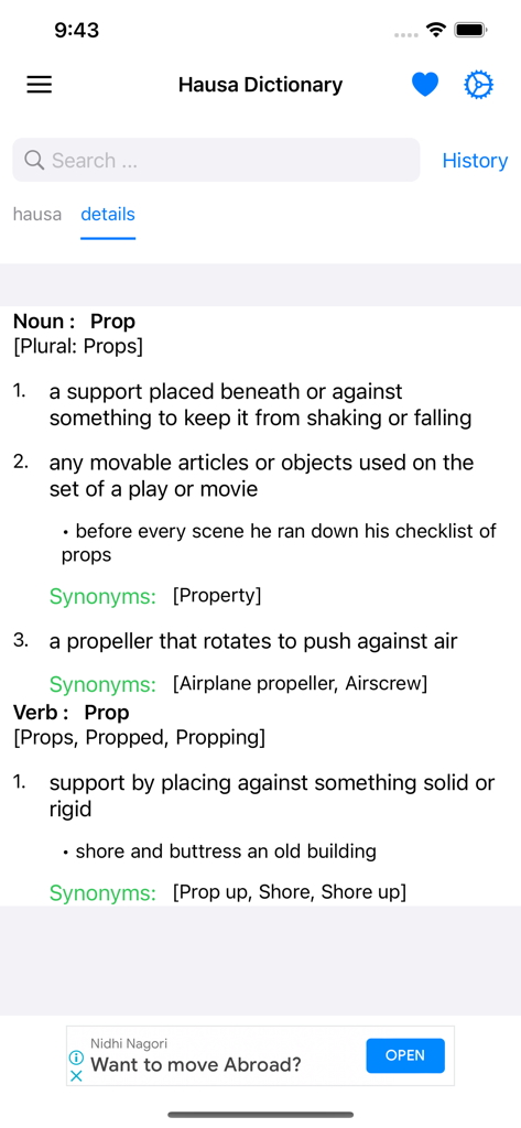 Captura de tela do aplicativo Smart Hausa Dictionary mostrando a definição em inglês e sinônimos para a palavra prop