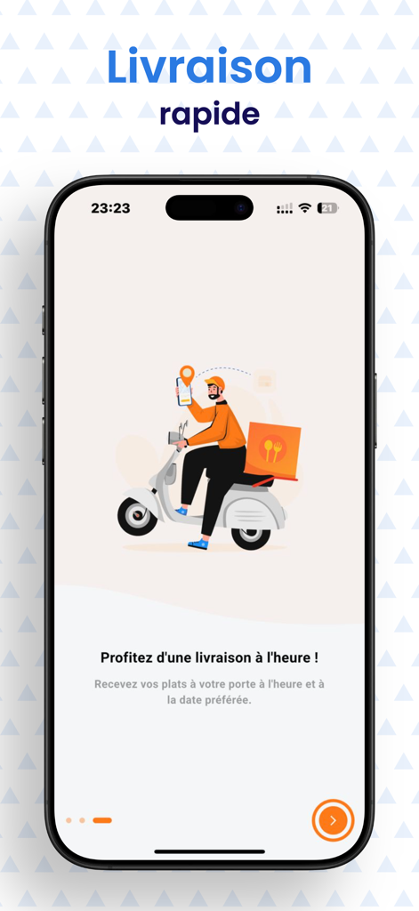 Tchop Xpress app onboarding screen showing a delivery person on a scooter for fast food delivery in Cameroon