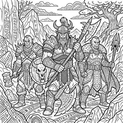 Step into a world of fantasy and power with this detailed coloring page featuring three formidable Orc Chieftains. Adorned in intricate armor and wielding powerful weapons, these tribal leaders are ready for your artistic touch.
