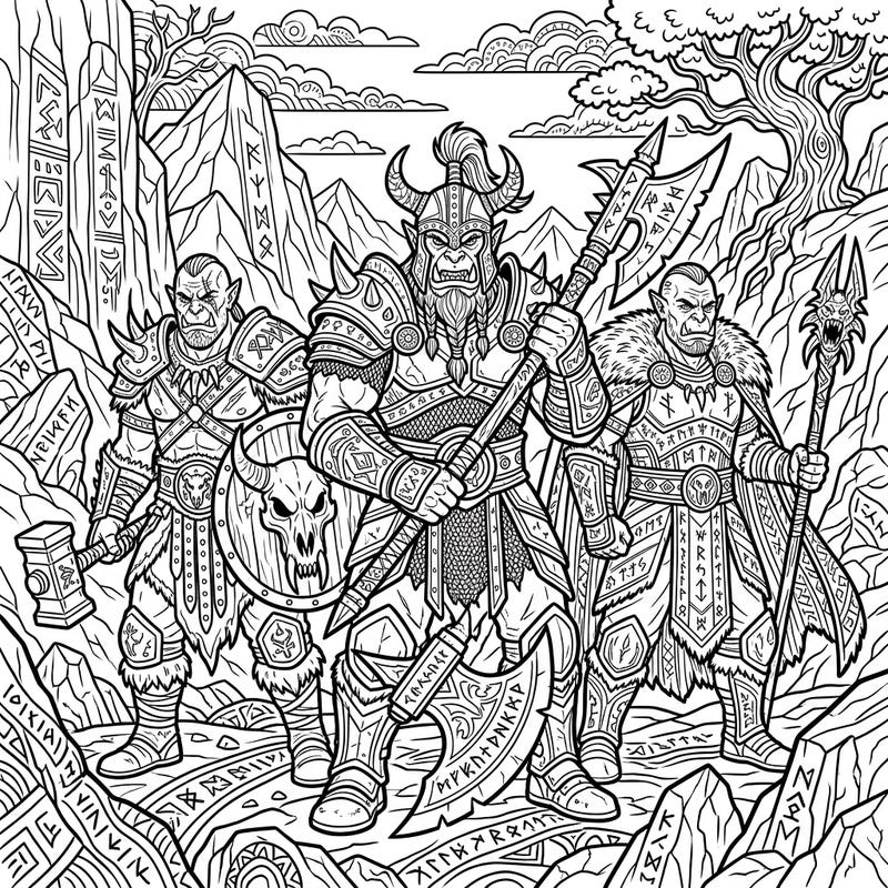 Step into a world of fantasy and power with this detailed coloring page featuring three formidable Orc Chieftains. Adorned in intricate armor and wielding powerful weapons, these tribal leaders are ready for your artistic touch.