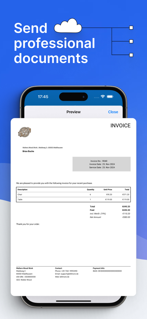 Vista previa de la aplicación móvil que muestra una factura profesional con marca personalizada y cargos detallados.