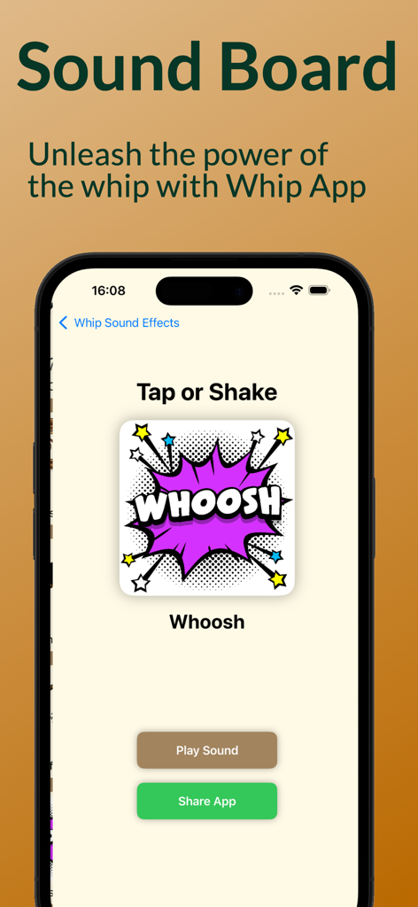 Pocket Whip - Pocket Whip app interface showing a soundboard with a whoosh sound effect and tap or shake to play feature