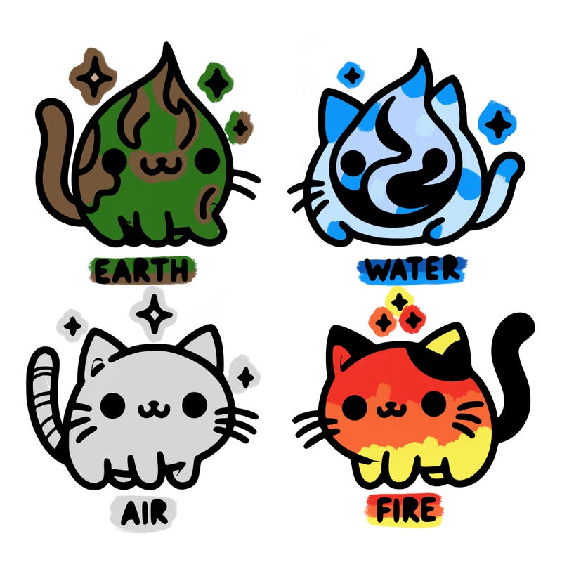 4 cats that represent the different elements, earth, water, air, and fire