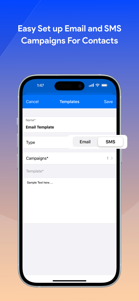 WiFi Phone Call by Moon Dialer - Die Oberfläche der Moon Dialer App, die den Einrichtungsbildschirm zum Erstellen von E-Mail- und SMS-Kampagnenvorlagen für professionelle Kontakte zeigt