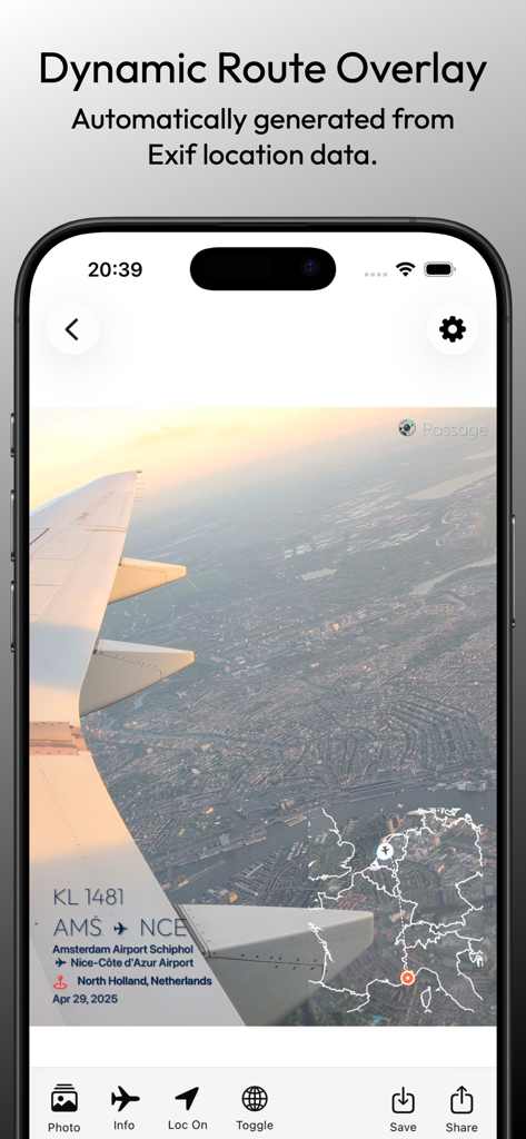 Passage: Mapping Your Moments - A smartphone showing the Passage app with a flight route map and travel details overlaid on an airplane wing photo.