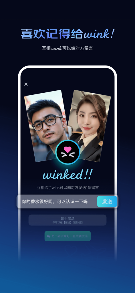 Screenshot of the Shenme Feiji app showing a mutual wink match between two users with an option to send a message