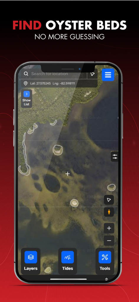 Salt Strong Smart Spots - Salt Strong Smart Spots app interface showing a satellite fishing map with highlighted oyster beds
