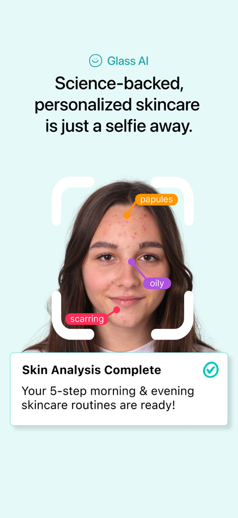 Glass: AI Skincare & Acne Scan - Mobile app interface of Glass AI performing a facial skin analysis with tags for papules, oily skin, and scarring.