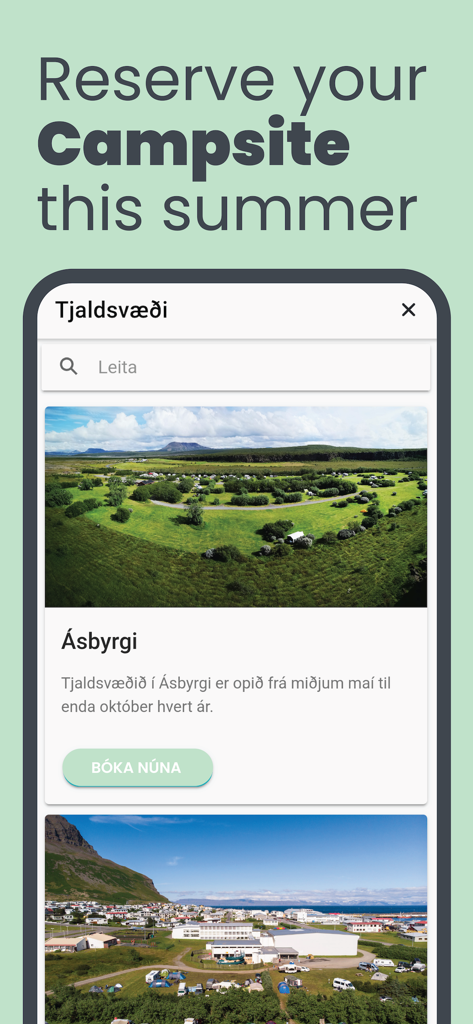 Parka app interface for booking an Icelandic campsite at Asbyrgi