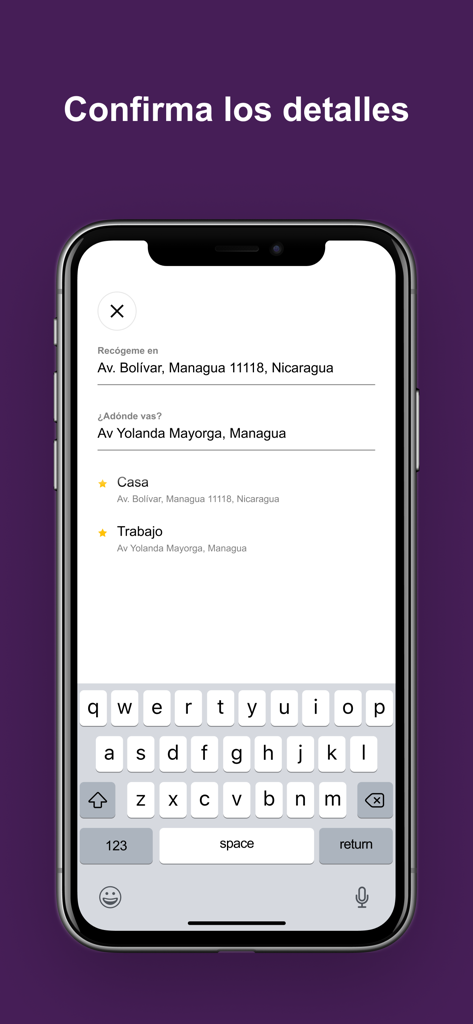 Ray App - Taxi Rápido y Seguro - Schnittstelle der Taxi-App zur Eingabe von Abhol- und Zieladressen