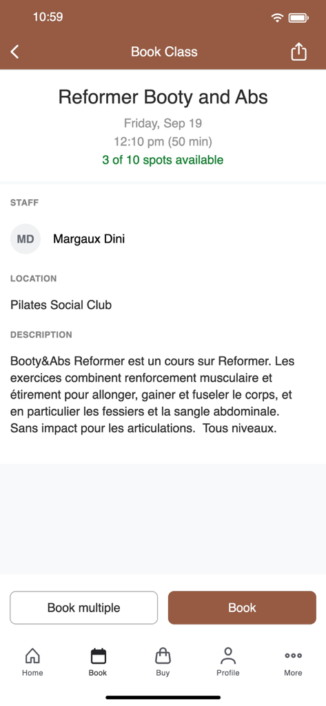 Booking screen for a Reformer Booty and Abs class in the Pilates Social Club app
