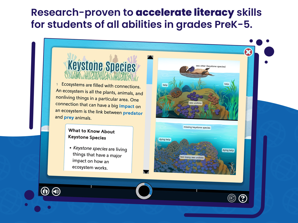 Lexia Core5 Reading - Lexia Core5 Reading app interface showing an interactive literacy lesson on keystone species