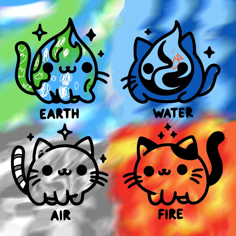 4 cats that represent the different elements, earth, water, air, and fire