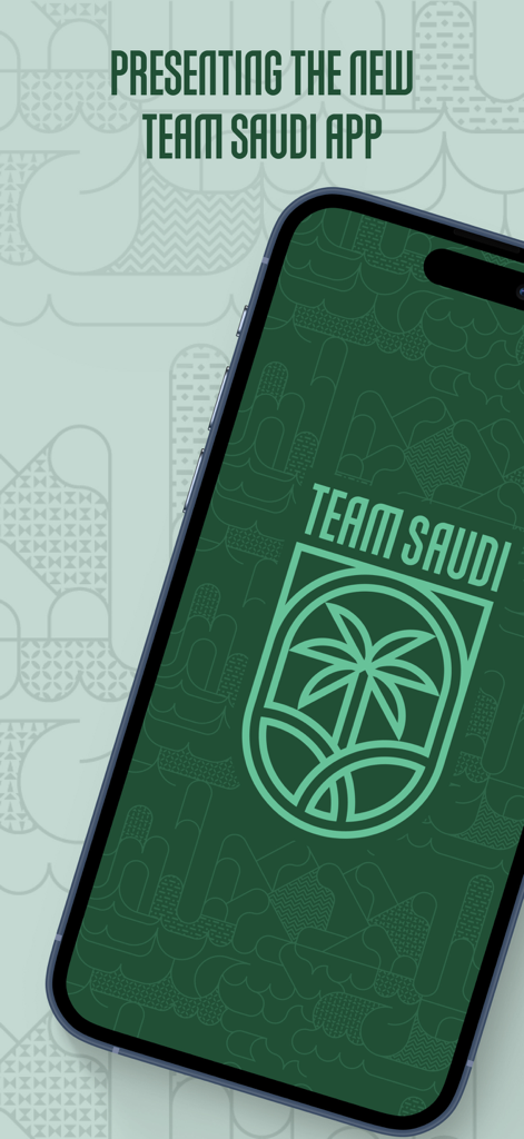 A smartphone displaying the Team Saudi app welcome screen with its palm tree logo