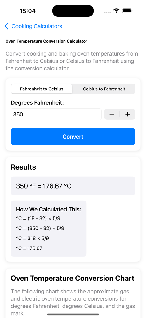 Cooking Baking Calculators - Oven temperature conversion calculator interface showing Fahrenheit to Celsius conversion with calculation details