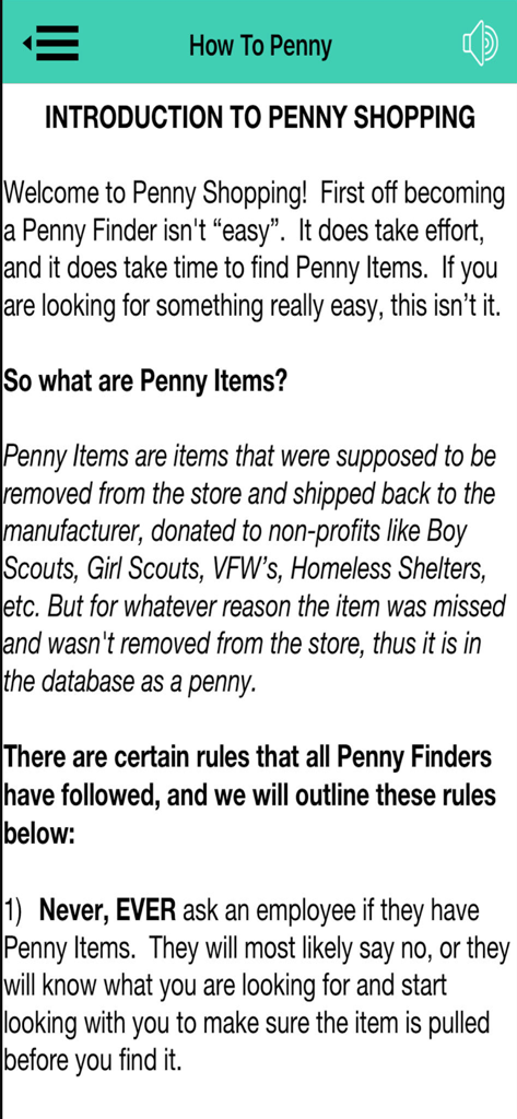The Introduction to Penny Shopping screen within the Penny Finder mobile app