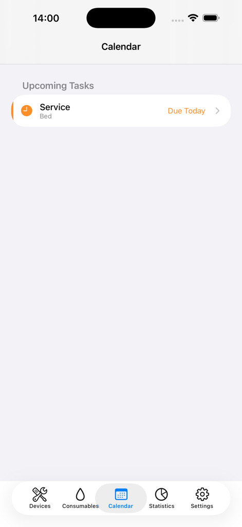 Hearthix - Interfaz de calendario de la aplicación Hearthix que muestra una próxima tarea de mantenimiento programada para hoy