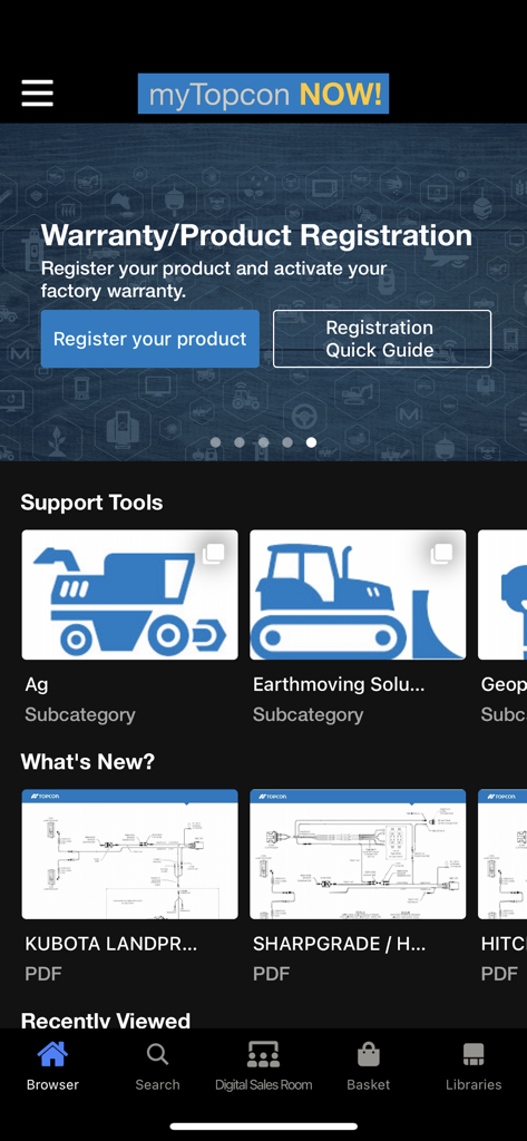 myTopcon NOW! - The myTopcon NOW app interface showing support tools for agriculture and earthmoving equipment along with product registration options