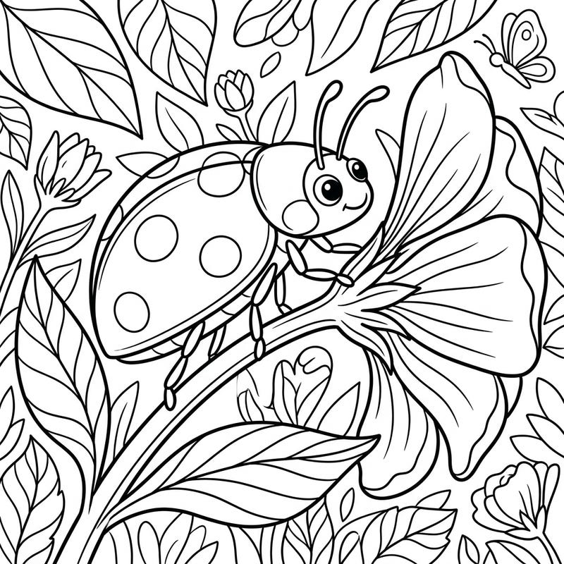 Dive into the tiny world of nature with this charming macro coloring page, perfect for young adventurers. Featuring a friendly ladybug on a vibrant flower, it offers detailed yet manageable elements for kids to color.