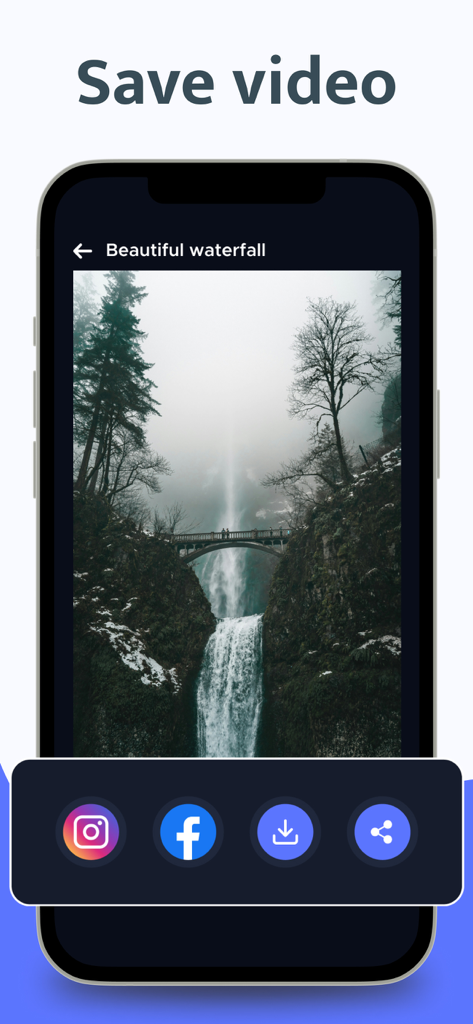 Video Downloader: Status Saver - Interface de um aplicativo móvel mostrando um vídeo de cachoeira com opções para salvar e compartilhar do Instagram e Facebook