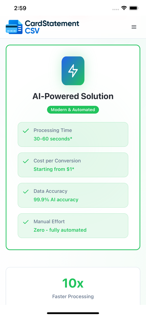 Card Statement CSV - Card Statement CSV app interface showing AI powered solution features including fast processing and high accuracy