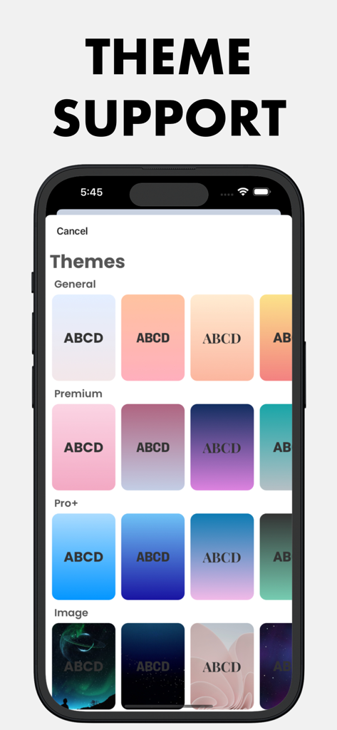 Manifest Affirmations : I Feel - Una pantalla que muestra varios temas coloridos degradados e de imagen disponibles para personalizar el fondo de la aplicación.
