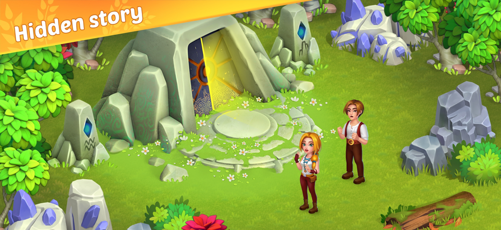 Dreamy Harvest: Farm Island - Amelia and a companion discover a glowing ancient doorway in a lush jungle setting from Dreamy Harvest Farm Island