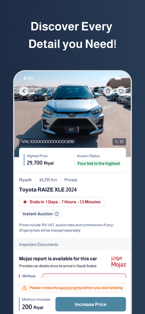 Mazad By Motory - Car Auctions - Toyota Raize 2024 Angebot bei der Mazad By Motory Autoversteigerungs-App, das aktuelle Gebote und Fahrzeugdetails zeigt