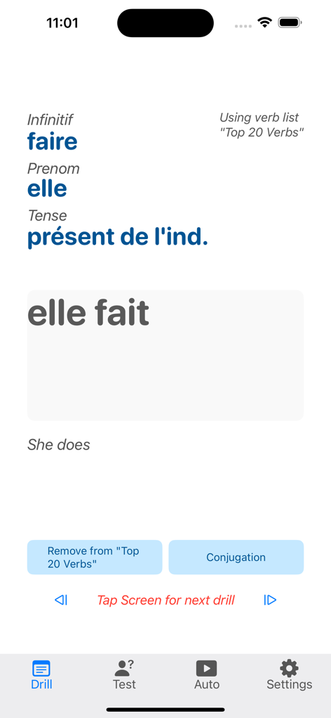 Verbes - French Verb Trainer - Exercice de conjugaison du verbe français « faire » au présent, avec la réponse « elle fait ».