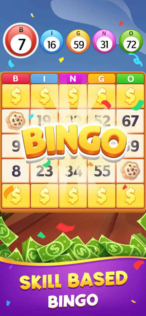 Bingo to Win: Real Cash Prizes - A skill-based bingo game interface with a winning board and cash rewards.