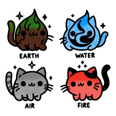 4 cats that represent the different elements, earth, water, air, and fire