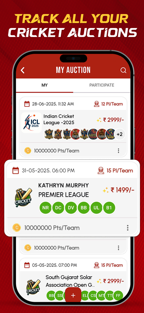 CricAuction - Cricket Auction - Mobile app interface displaying a list of cricket auctions including the Indian Cricket League 2025 with dates and player details