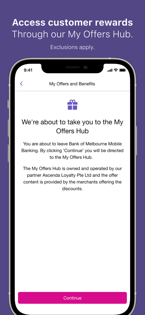 Bank of Melbourne mobile app screen showing access to customer rewards through the My Offers Hub